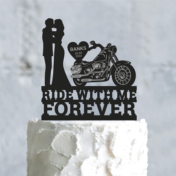 Roulez avec moi pour toujours motard mariage vintage moto gâteau topper, moto moto personnalisée mariage mariée et marié gâteau topper, a963