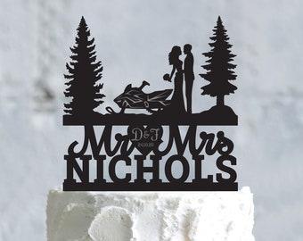 Snowmobile pine tree outdoor mr and mrs topper,snowmobile engagement last name mr and mrs wedding topper,vintage snow mobile topper,a840