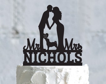 Bride and groom pug cake topper with dog,kissing couple custom cake topper with black pug dog,pug puppy mr mrs wedding cake topper dog,a657