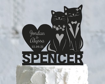 Custom Cat Wedding Cake Topper, Personalized Rustic Kitty Couple, a874