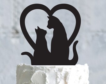 Black cat wedding funny cake topper cat,cat couple custom cake topper wedding cats,kitty personalized rustic wedding heart cake topper,a674