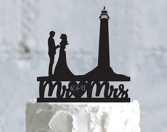 Lighthouse coastal wedding mr and mrs cake topper,light house wedding cake topper wedding,wood lighthouse seaside personalized topper,a818