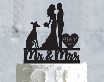 Italian greyhound bride and groom cake topper with grey hound dog,greyhound dog mr mrs initials cake topper with dog custom wedding,a691