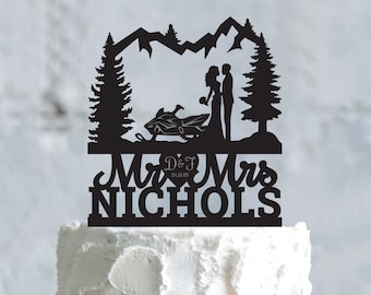 Snowmobile engagement last name Mr and Mrs wedding cake topper,snow mobile outdoor mr mrs topper,vintage snowmobile pine tree topper,a760