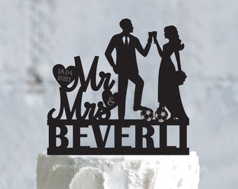 Personalized Soccer Wedding Cake Topper, Football Mr and Mrs Cake Decoration, a849
