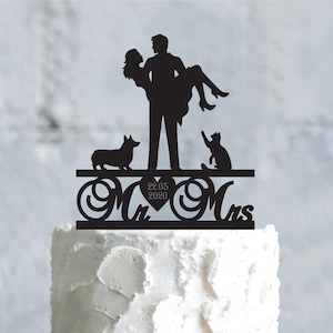 Pembroke welsh corgi wedding cake topper with cat and dog,custom welsh corgi cat topper with dog,welsh corgi cardigan wedding topper,a687