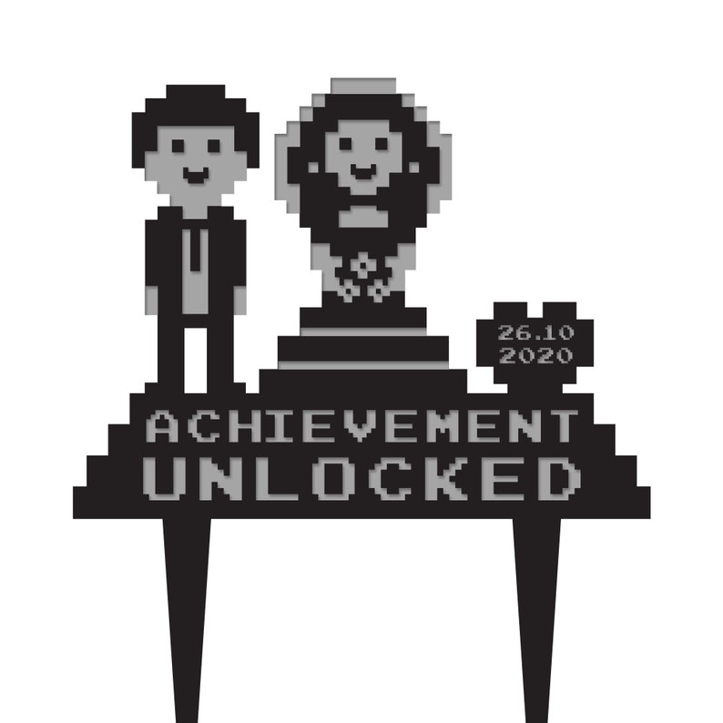 Achievement unlocked 8 bits video gamer wedding retro 8bit gaming cake topper,8 bit video game wedding love the 80s couple funny topper,a802 image 2