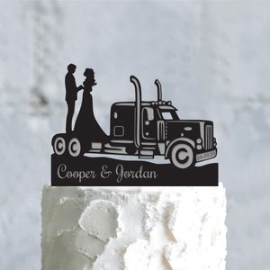 Truck wedding bride and groom custom name cake topper,old truck driver wedding custom names topper,classic truck personalized topper,a811