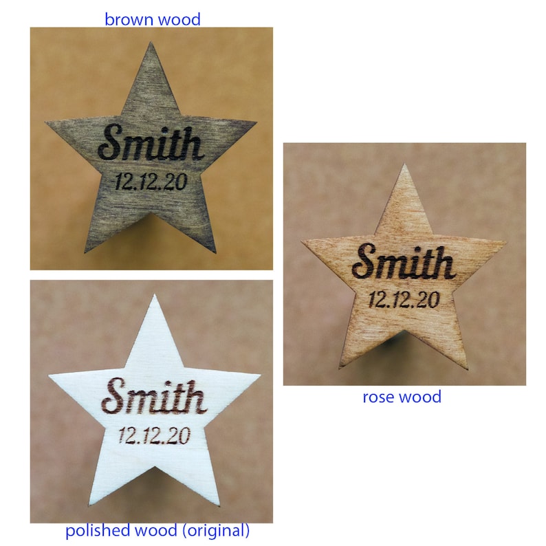 May include: Wooden star ornaments in brown, rose, and polished white. Each star features the name "Smith" and the date "12.12.20" engraved in a contrasting color. The ornaments are ideal for personalized gifts or holiday decorations.