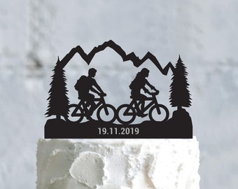 Mountainbiker paar buiten aangepaste bruidstaart topper, mountainbike fiets cake topper, fietsliefhebber bruid en bruidegom cake topper, a719