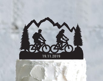 Mountain biker couple outdoor custom wedding cake topper,mountain bike bicycle cake topper,bicycle lover bride and groom cake topper,a719