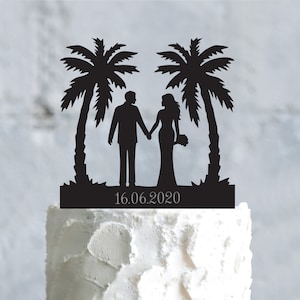 Beach tropical bride and groom personalized cake topper,beach wedding hawaii palm tree cake topper,seashell palm wedding couple topper,a786
