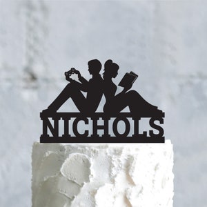 Video gamer book themed wedding book lover gaming last name cake topper,gamer book wedding couple bookworm funny surname cake topper,a766
