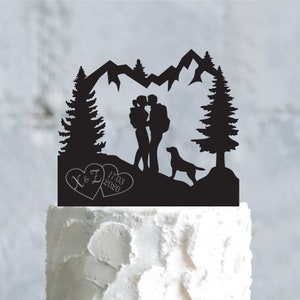 Mountain couple outdoor custom mr and mrs dog cake topper with labrador retriever,mountain adventure initials engagement dog topper,a752