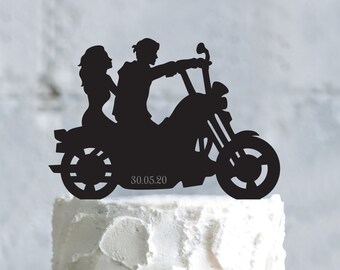 Biker wedding motorcycle bride and groom cake topper,vintage motorcycle couple custom topper,Motorcycle couple personalized topper,a806