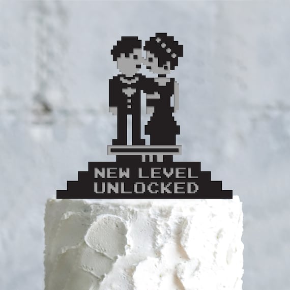Level unlocked 8 bits video gamer wedding retro 8bit gaming cake topper,8 bit video game wedding i love the 80s couple funny topper,a801