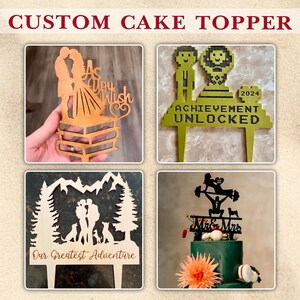 May include: A collection of custom cake toppers. The toppers include a wooden silhouette of a couple with the text "As You Wish", a pixelated "Achievement Unlocked" topper with the year 2024, a topper with the text "Our Greatest Adventure", and a "Mr & Mrs" topper.