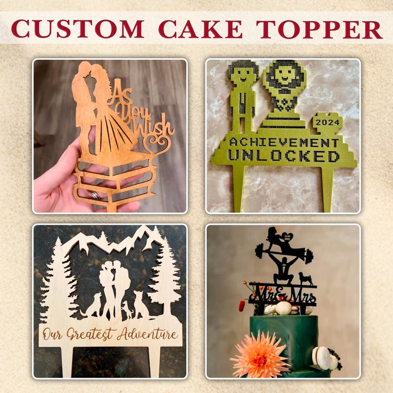 May include: A collection of custom cake toppers. The toppers include a wooden silhouette of a couple with the text "As You Wish", a pixelated "Achievement Unlocked" topper with the year 2024, a topper with the text "Our Greatest Adventure", and a "Mr & Mrs" topper.