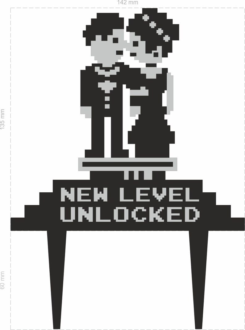 May include: Black and gray pixelated wedding cake topper featuring a couple embracing. The text "NEW LEVEL UNLOCKED" is displayed below the figures. The topper is approximately 5.6 inches wide and 5.3 inches tall.