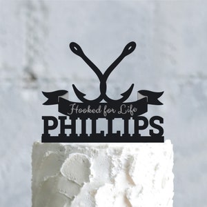 Hooked for life  fishing wedding cake topper last name,fish hook fishing theme last name topper heart,fishing wedding mr and mrs topper,a886