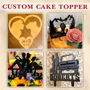 May include: A collection of custom cake toppers. The toppers include a wooden heart with silhouettes of two animals, a mountain scene with a couple, a couple reading, and a couple with a truck. The toppers have personalized names and dates.