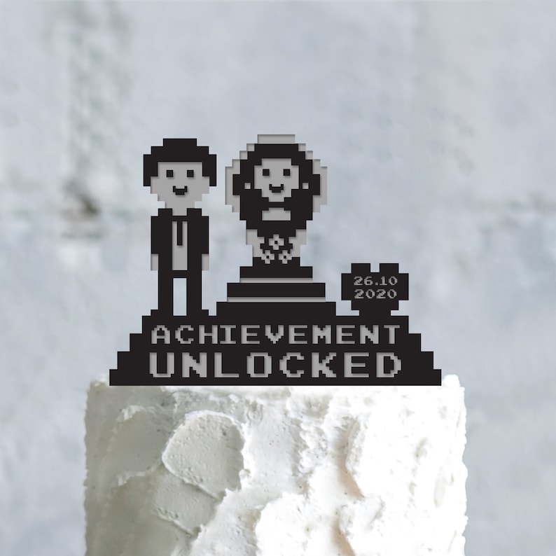 Achievement unlocked 8 bits video gamer wedding retro 8bit gaming cake topper,8 bit video game wedding love the 80s couple funny topper,a802 image 1
