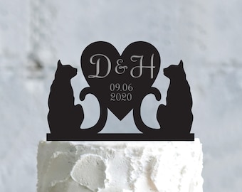 Cat lover custom wedding cake topper,kitty personalized wedding heart initials cake topper,custom cat wedding funny date cake topper,a670