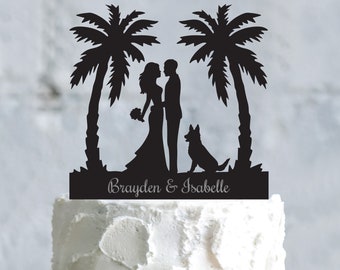 Beach wedding palm tree cake topper with dog and cat,tropical bride groom personalized dog cake topper ,palm wedding with dog topper,a787