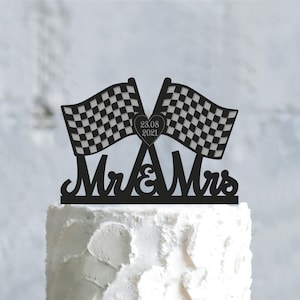 Custom drag racing flags mr and mrs wedding cake topper,checkered flag racing party wedding personalized heart engagement topper,a881