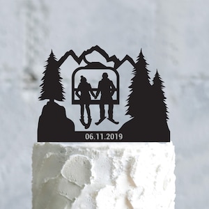 Ski lift custom snow ski wedding outdoor cake topper,ski mountain adventure personalized topper,ski lift chair winter cake topper,a661