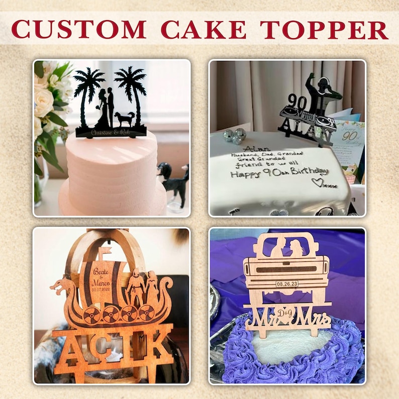 May include: Image features four custom cake toppers. The toppers include a silhouette of a couple with palm trees, a DJ celebrating a 90th birthday, a Viking ship, and a couple in a truck. The text "CUSTOM CAKE TOPPER" is at the top.