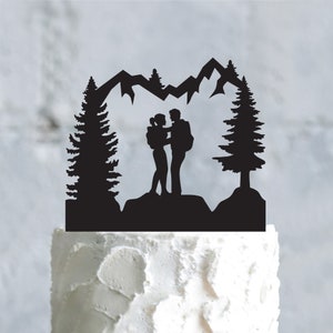 Hiking couple mountain backpacking outdoor wedding cake topper,mountain hiking adventure awaits custom personalized climbing topper,a748