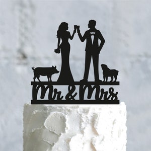 Personalisierter Schwein Tier Bauernhof Hochzeit Mr und Mrs Cake Topper mit Hund, Personalisierter Schwein Hochzeit Paar Haustier Bauernhof Torten Topper mit französischer Bulldogge, A858