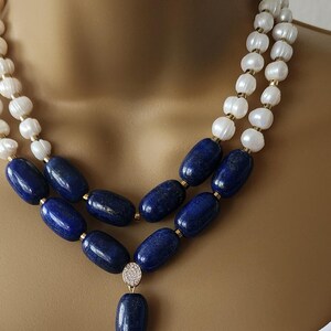 Multi Strand Lapis Lazuli and fresh water pearl necklace ,lapis and pearl necklace , gift for mom , Handmade birthday gift ,anniversary gift