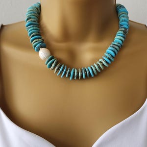 14 18 mm Graduated Turquoise Disc Bead necklace with gold  beads ,choker necklace, Turquoise and baroque pearl necklace,  mothers day gift
