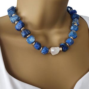 18 mm Natural  Lapis Lazuli natural bead necklace with baroque pearl, Lapis Lazuli and pearl necklace gift  ,statement gemstone jewelry
