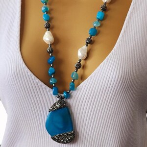 Blue Agate and Majorca baroque pearl Necklace , Ocean Blue Gemstone Beads, CZ pave pendant necklace , gift for mom ,Long Necklace