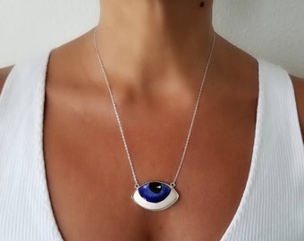 Large ceramic handmade evil eye pendant necklace,silver chain pendant necklace,5 cm ceramic pendant necklace,Turquoise and  blue alternative
