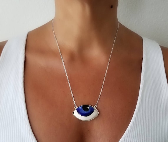 Handmade Ceramic Evil Eye Pendant Necklace: Turquoise Blue, Silver Chain
