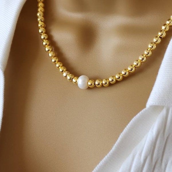 18K Gold Plated Ball Bead Necklace with Freshwater Pearl (6mm)