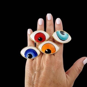Gold plated adjustable evil eye ring , Ceramic 5 cm handmade rings , protection jewelry , handmade ceramic ring, gift for her, one of a kind