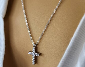Dainty Silver Cross Necklace: Cubic Zirconia Pendant