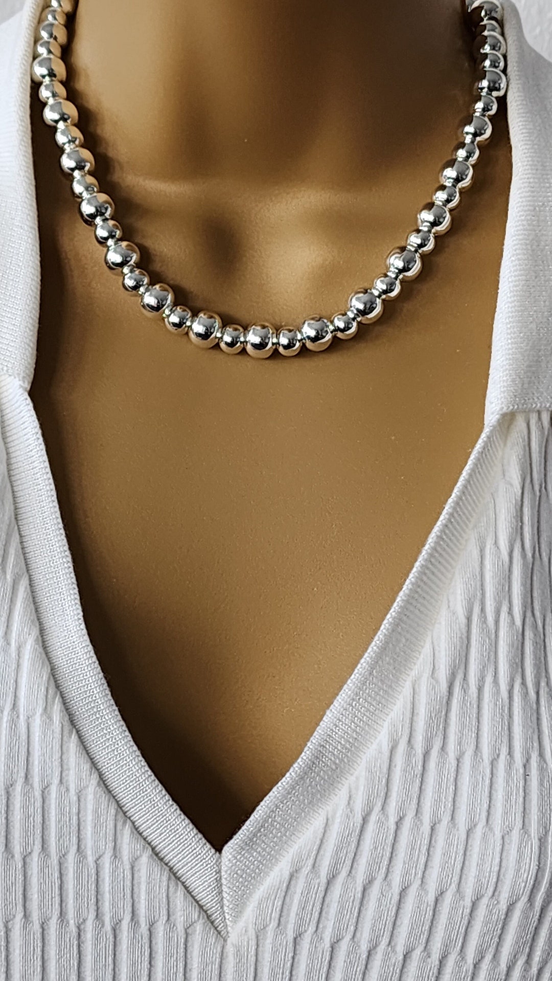 Silver Ball Bead Necklace , Silver 10 Mm and 8 Mm Ball Bead Necklace