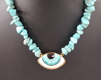Handmade Ceramic Evil Eye Necklace: Turquoise Gemstone Pendant (5cm)