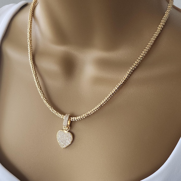 Gold Heart Pendant Necklace, Cubic Zirconia, Dainty Jewelry