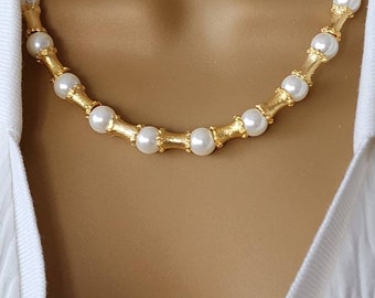 Majorica pearl bead necklace, pearl necklace,perfect gift for mom ,pearl and gold necklace mothers day gift,gold ball bead pearl necklace