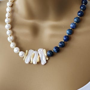 Lapis Lazuli and fresh water pearl necklace ,lapis and pearl necklace ,gift for mom ,Christmas gift , unique jewelry for your self