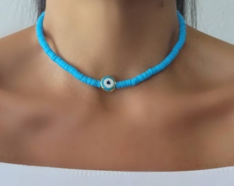 Heishi Bead Evil Eye Necklace: Boho Beach Choker