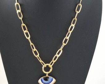 Handmade Ceramic Evil Eye Pendant Necklace: 18k Gold Plated