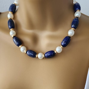 Lapis Lazuli and fresh water pearl necklace ,lapis and pearl necklace ,gift for mom ,Christmas gift , unique jewelry for your self